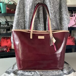 Coach raspberry linen look coated canvas tote with leather trim and straps